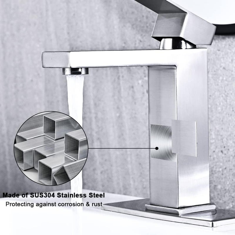 AVSIILE Brushed Nickel Bathroom Faucet, Single Hole Vanity Bath Faucet, Single Handle Modern Stainless Steel Bathroom Faucets for Sink 1 Hole with Pop Up Drain Stopper & Water Supply Hoses - Image 5